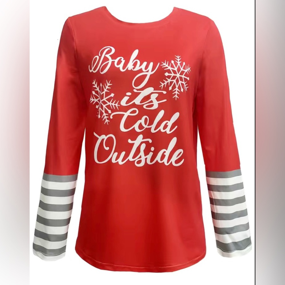 Woman’s Christmas “Baby it’s Cold Outside” striped sleeves Top. Size: Various - Picture 6 of 7